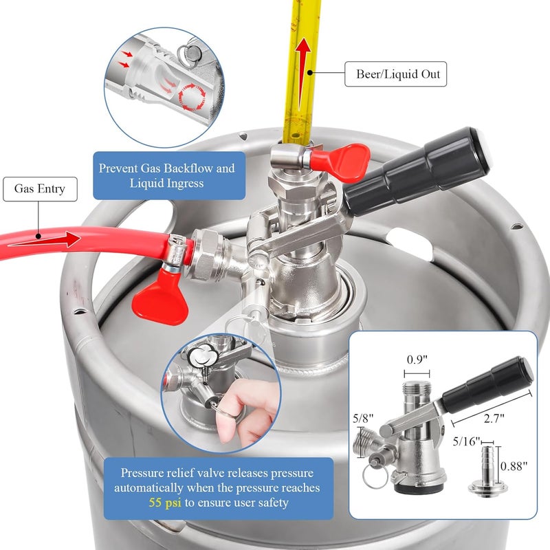 WELLBOM Keg Coupler for Sankey D System Beer Keg Tap Dispenser-304 Stainless Steel Probe, Beer Kegerator Tap D-Type Sankey Keg Coupler fit for I.D1/4", 3/16" Draft Beer Line & 5/16'' Gas Line with Hose Clamps - Image 3
